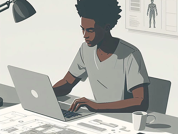 Illustration of a learner building practical work on a laptop.