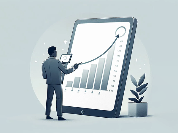 Illustration of progress analytics rising on a digital screen.